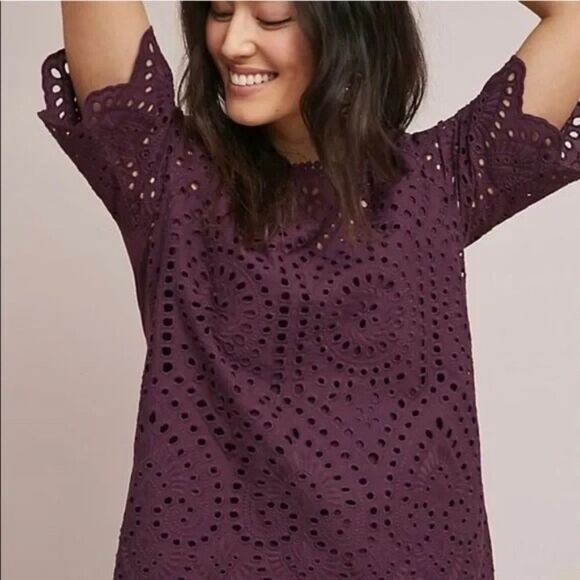 Anthropologie Porridge Women’s Small Short Sleeve Eyelet Lace Top Plum Purple - Picture 1 of 10